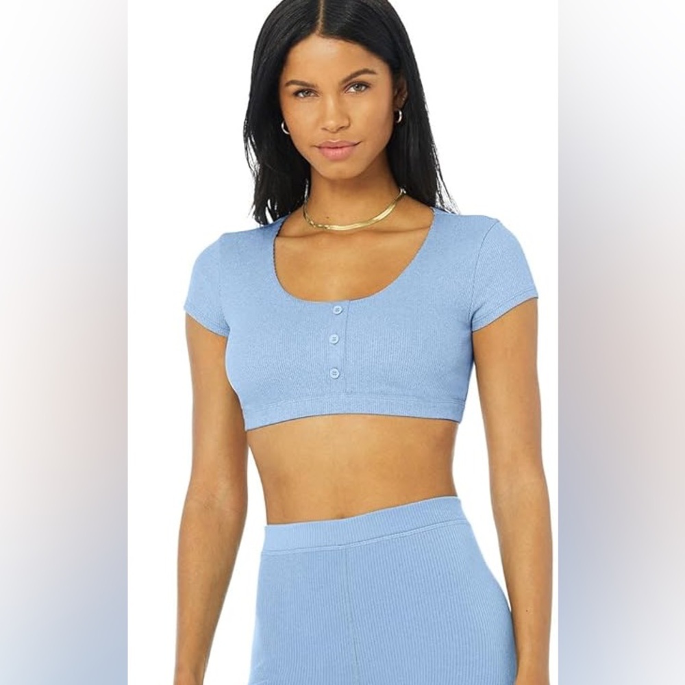 Alo Yoga Blissful Henley Bra Top - Blue Skies